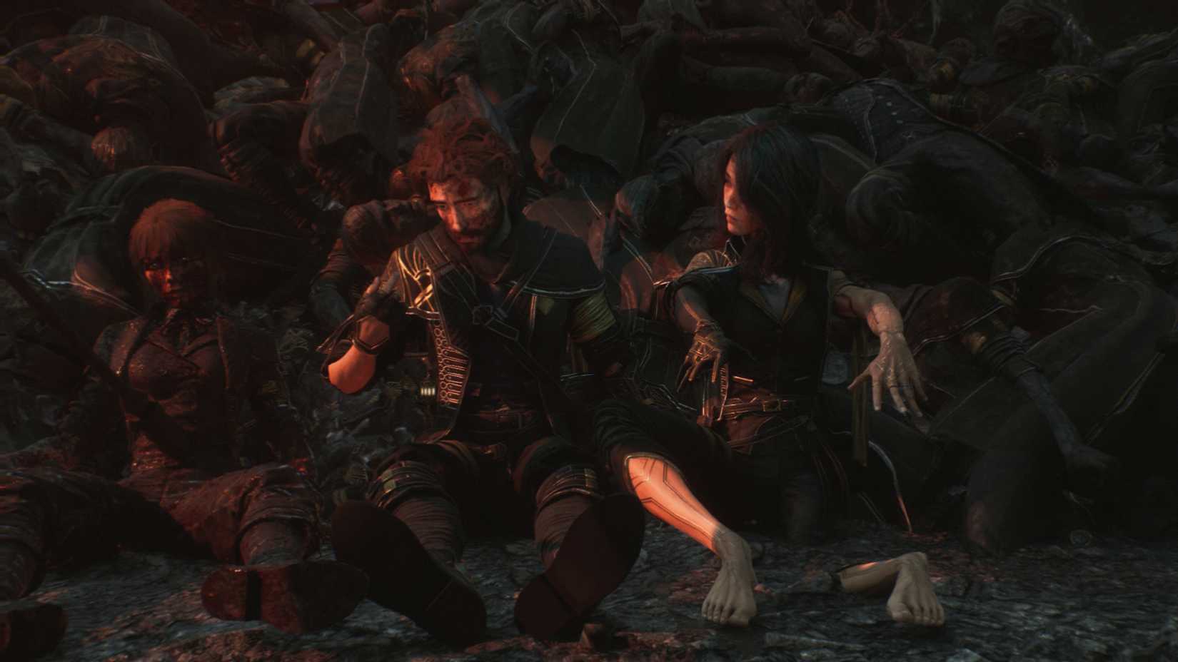 A cinematic shot from Expedition 33 showing characters with missing or warped limbs.