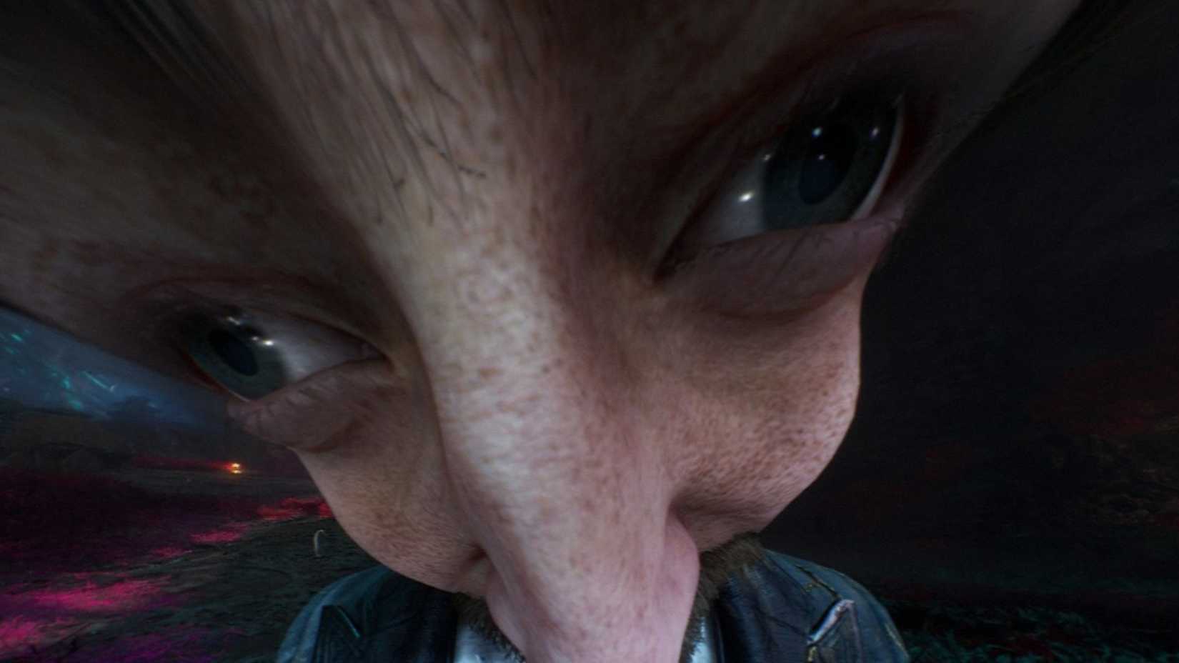 A zoomed-in Photo Mode shot focusing on a character's distorted facial features.