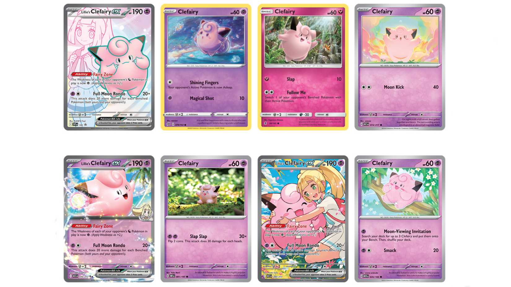 A group of eight different Clefairy cards