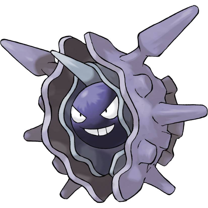 Cloyster in Pokemon Firered, a large bivalve with spikes along its shell, a circular center with angry eyes and a smirk