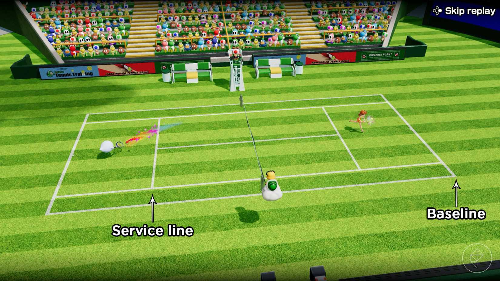 The service line and baseline marked on a court in Mario Tennis Fever.