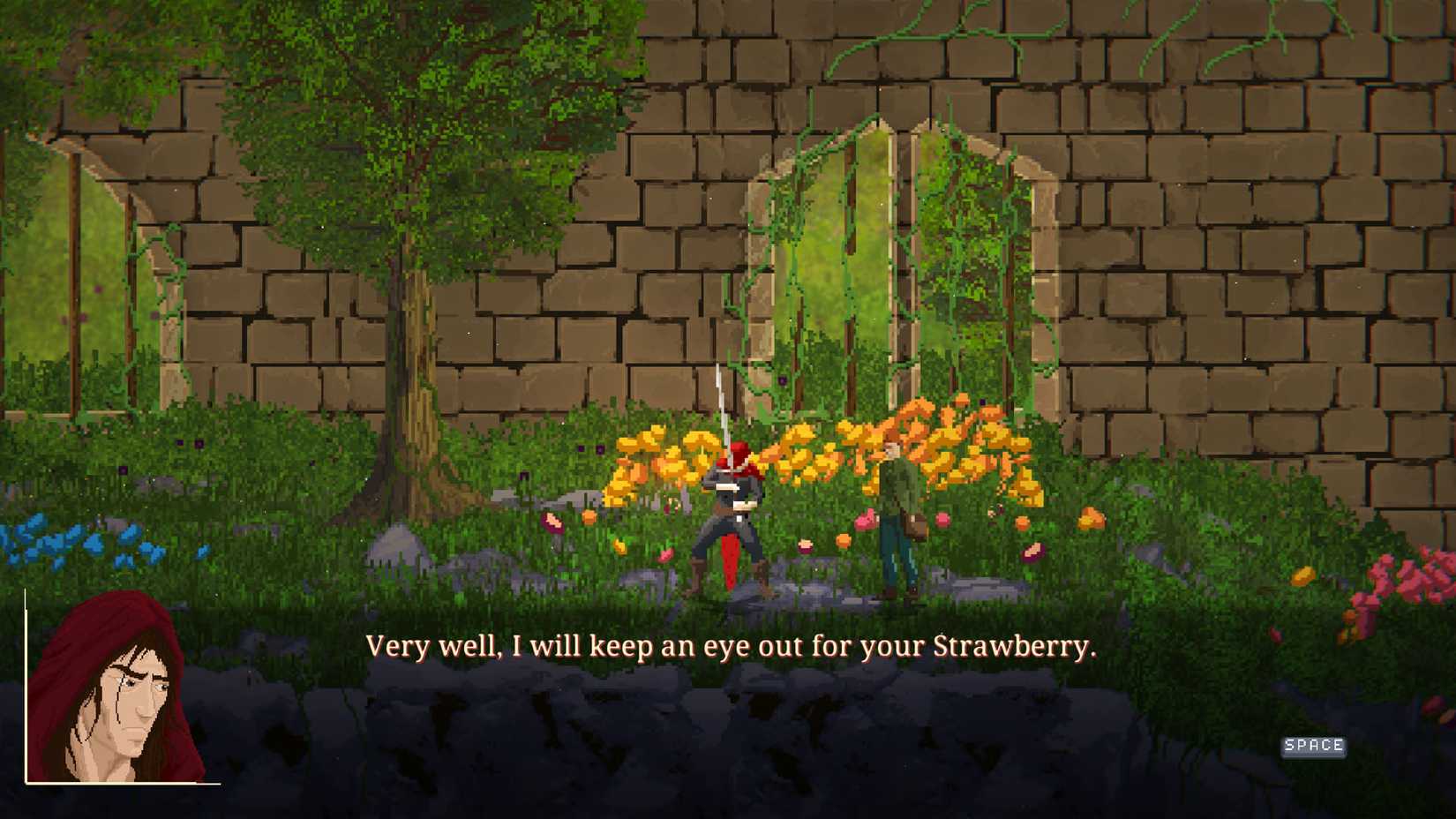 A Crimson Capes screenshot showing the main character talking to Fitos