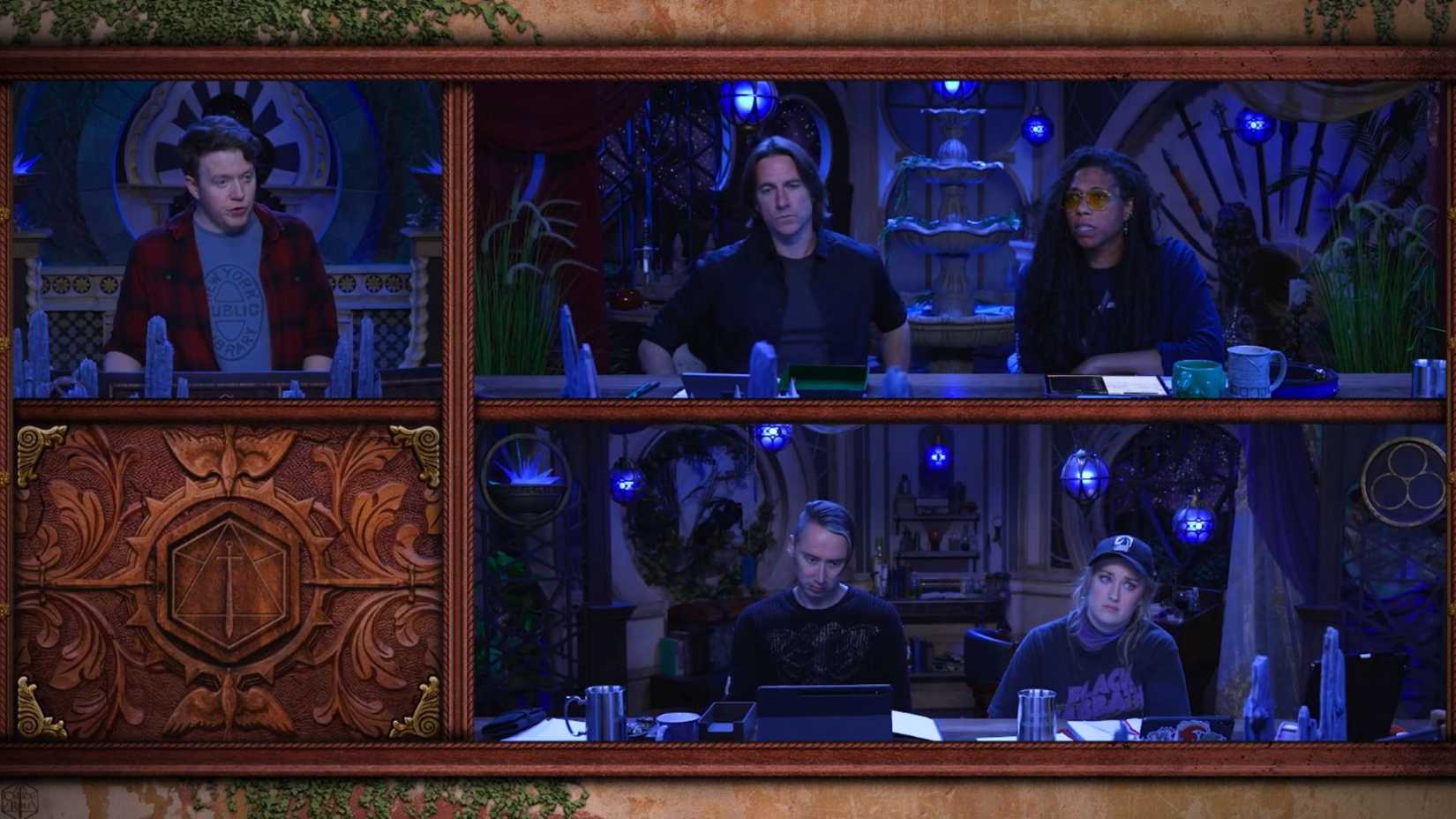 Brennan Lee Mulligan, Aabria Iyengar, Ashley Johnson, Matt Mercer, and Alexander Ward in a scene from Critical Role Campaign 4.