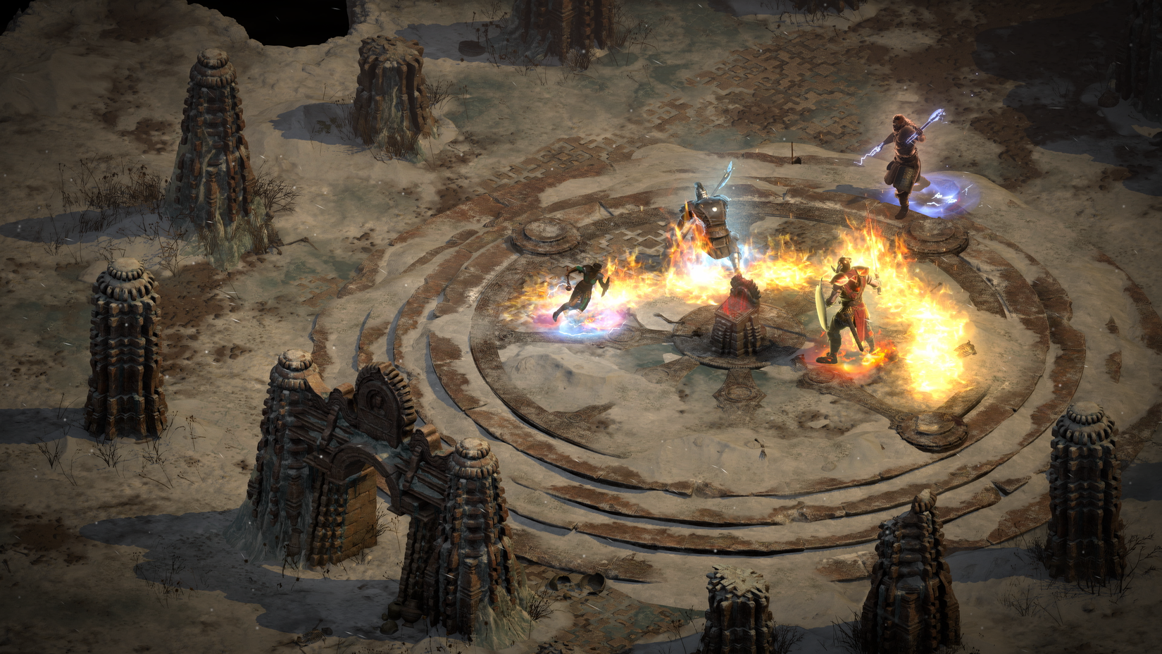 The Warlock dashes and casts a fire spell in Diablo 2 Resurrected