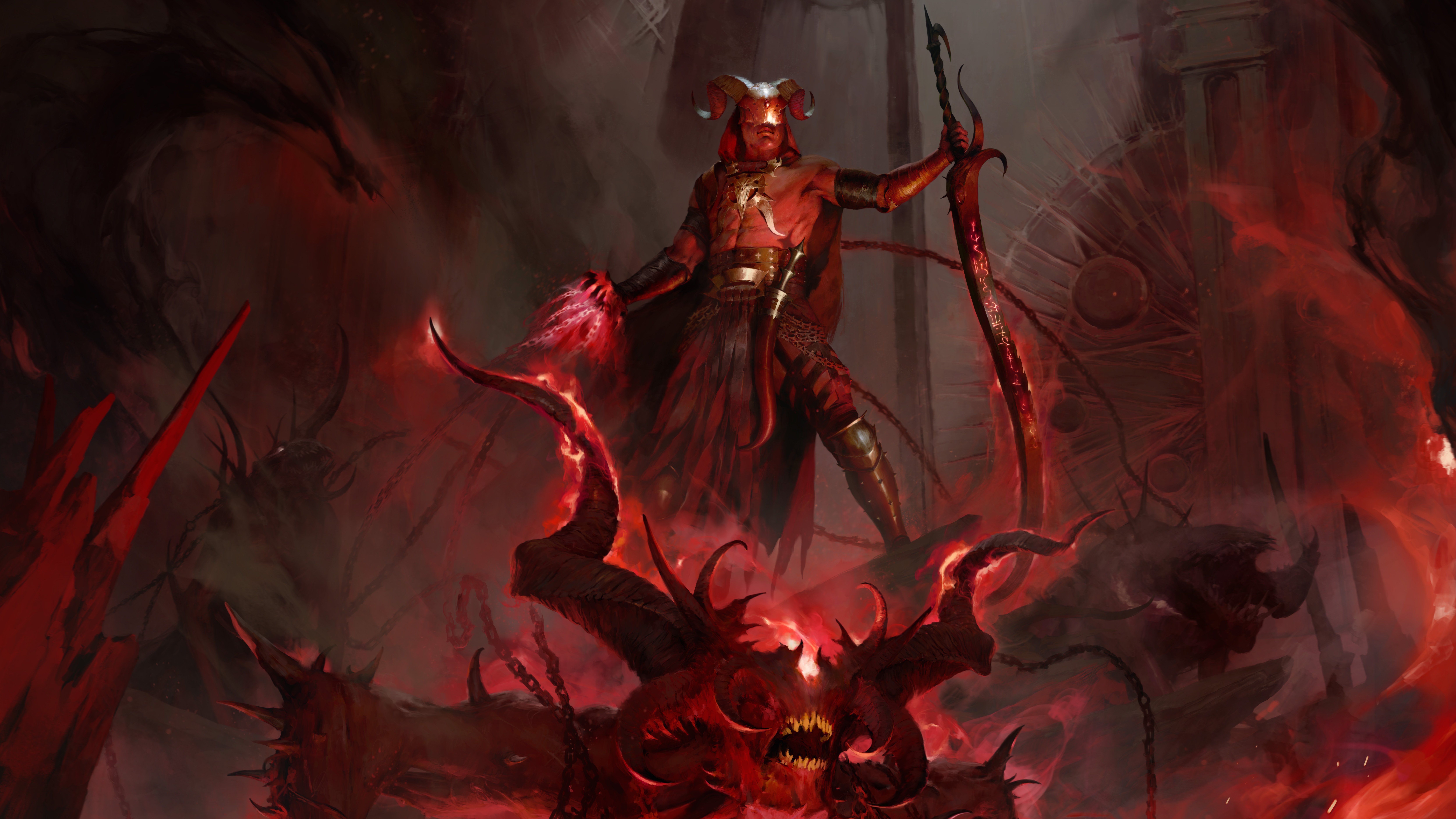 The Warlock stands on a demon in Diablo 4 key art