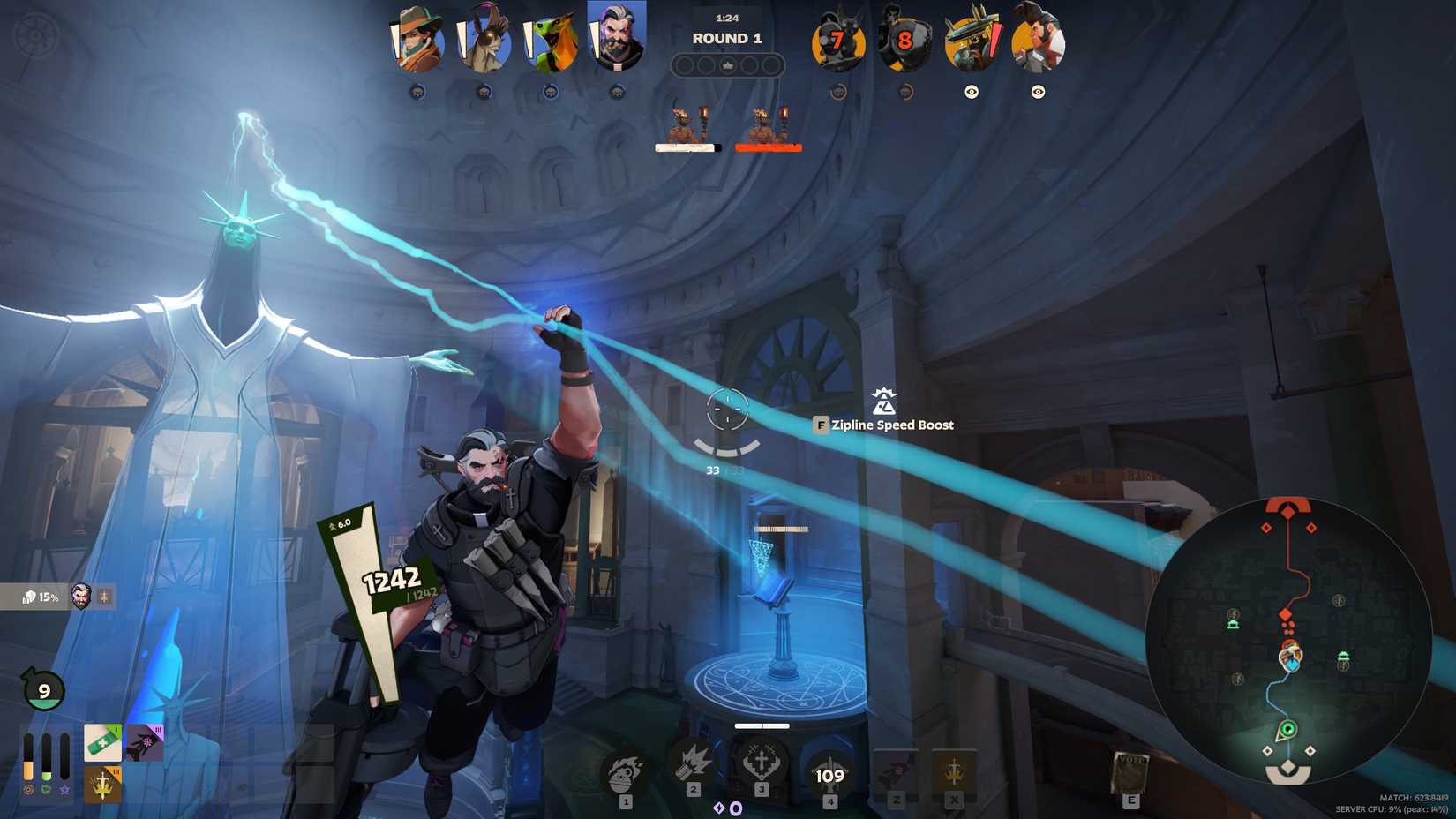 Venator sliding down a zipline in Deadlock