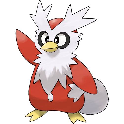 Delibird in Pokemon Firered, a bipedal red and white bird with snowflake-shaped eyebrows. It's carrying a large white sack like Santa Claus