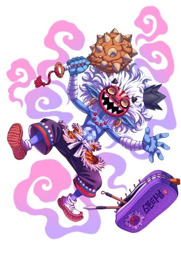 A demon called a Dokkaebi emerged from a pencil case and dances around wielding a short club