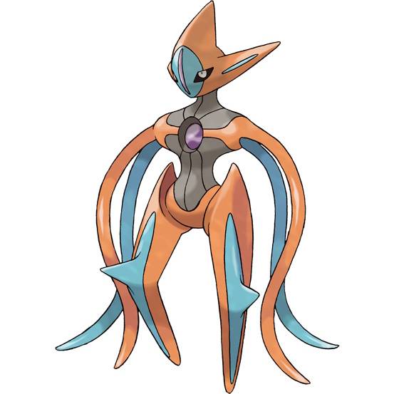 Attack form Deoxys in Pokemon Firered, a blue and orange bipedal pokemon with tentacles for arms and a star-shaped head