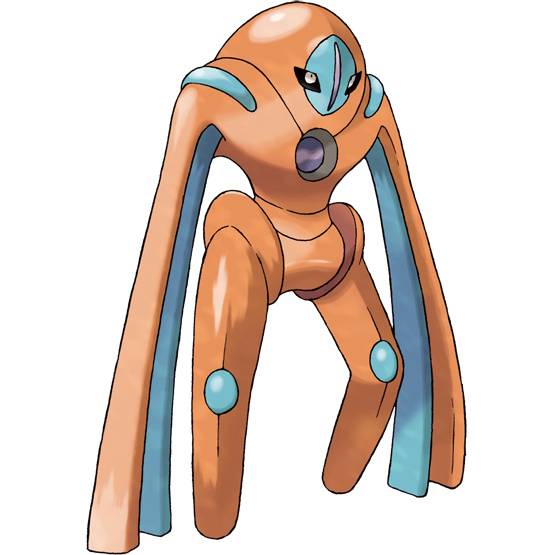 Defense form Deoxys in Pokemon Leafgreen, an orange and blue Pokemon with ribbon-like tentacles for arms and a dome-shaped head
