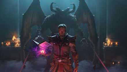 Diablo 2's Warlock levitates a book in one hand with a bound demon behind him