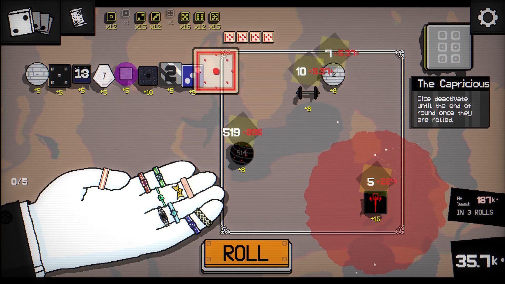 A high-stakes boss encounter in Dice a Million showcasing the Capricious mechanic.