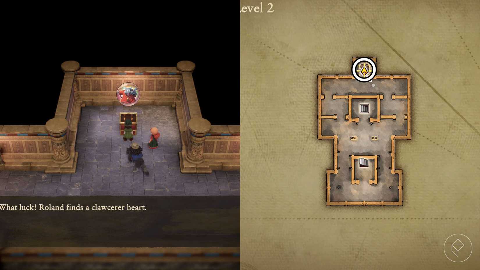 A montage using two Dragon Quest 7 Reimagined screenshots showing the location of the clawcerer heart