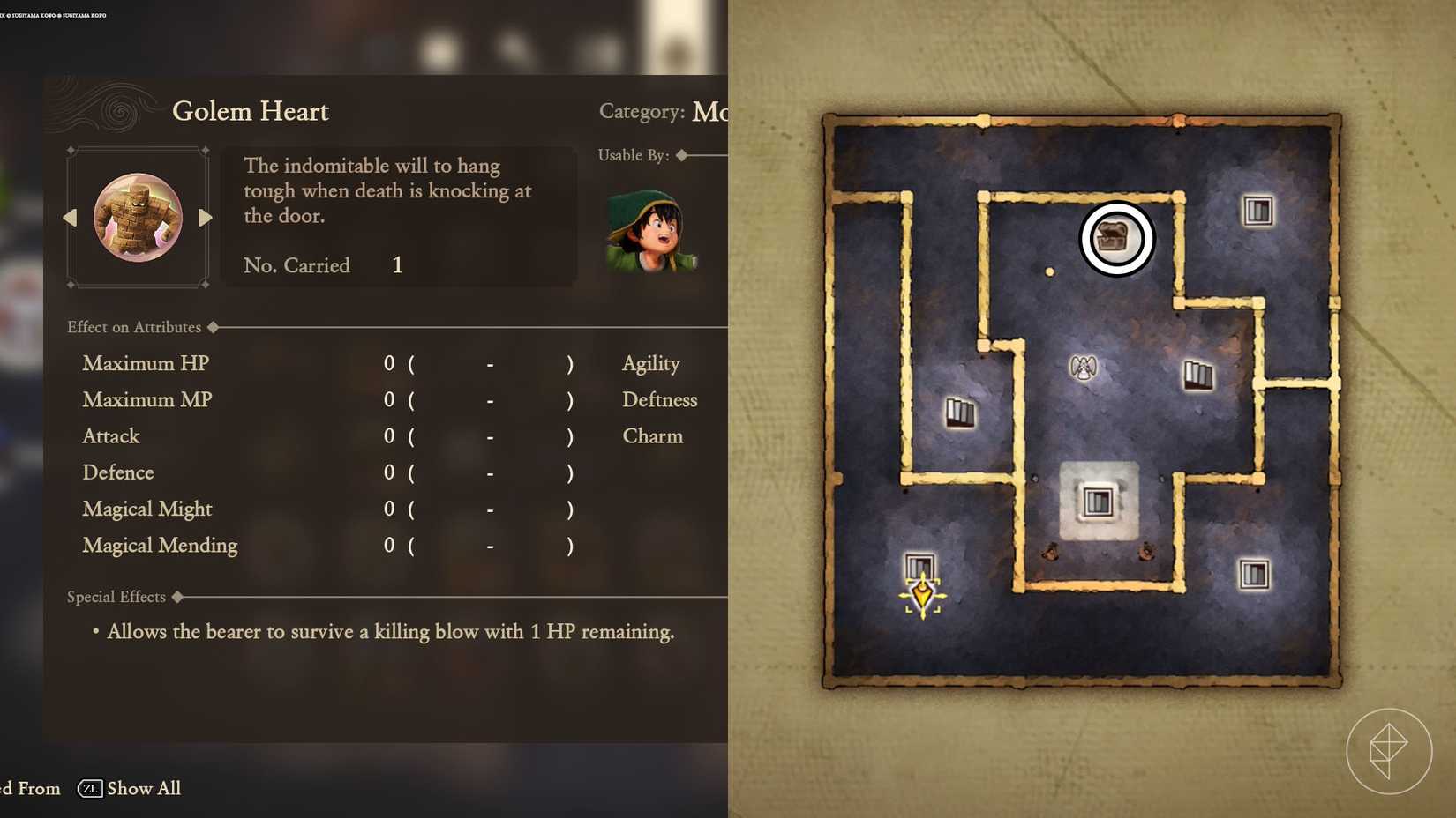 A montage using two Dragon Quest 7 Reimagined screenshots showing the location of the golem heart