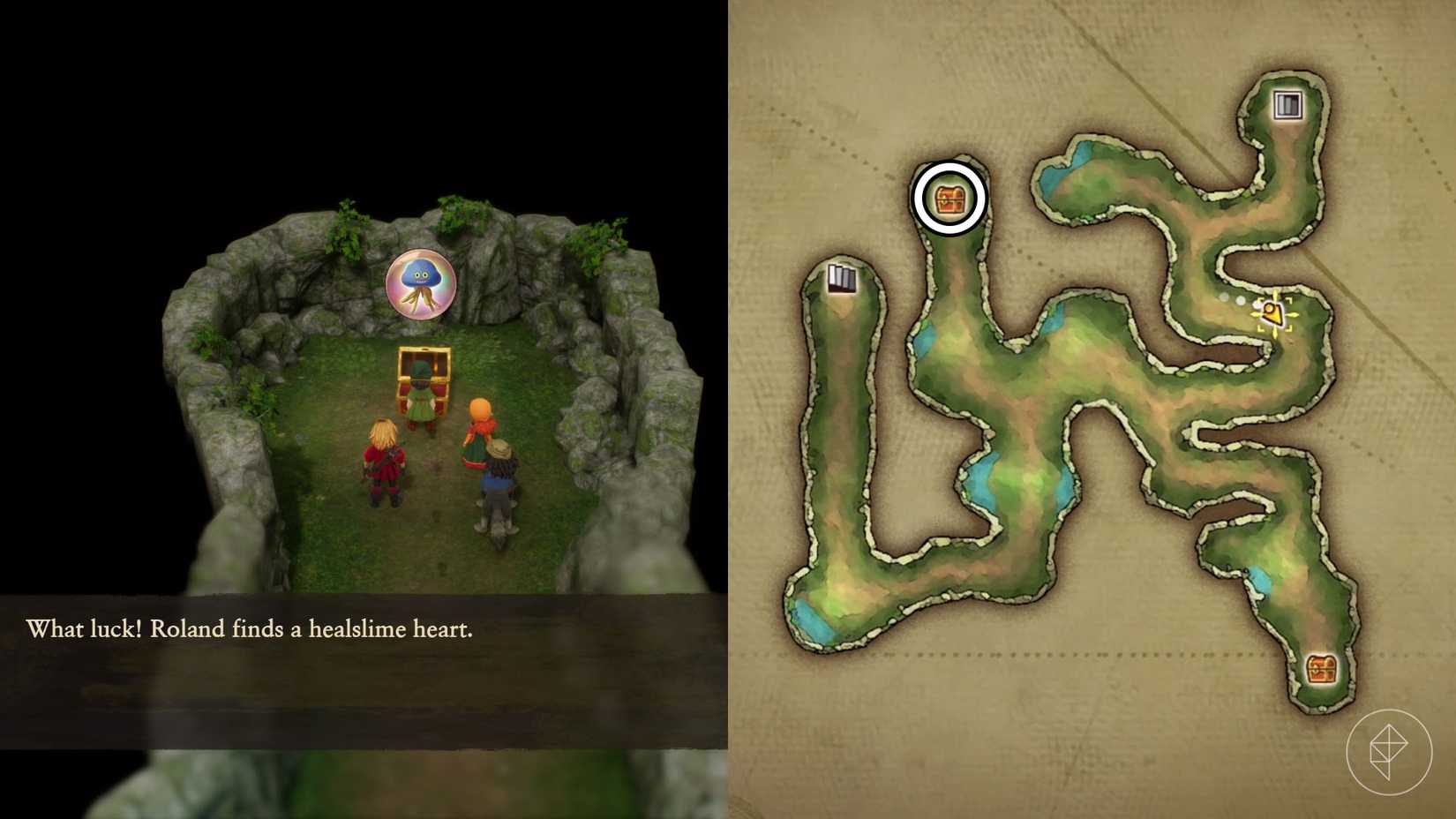 A montage using two Dragon Quest 7 Reimagined screenshots showing the location of the healslime heart