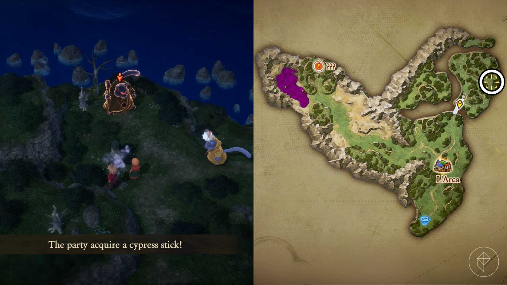 A montage using two Dragon Quest 7 Reimagined screenshots showing the location of the meowgician heart