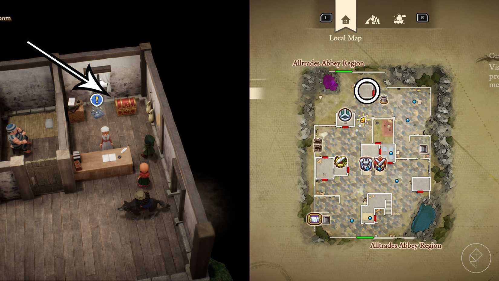 A montage using two Dragon Quest 7 Reimagined screenshots showing the location where you can find the thief's key