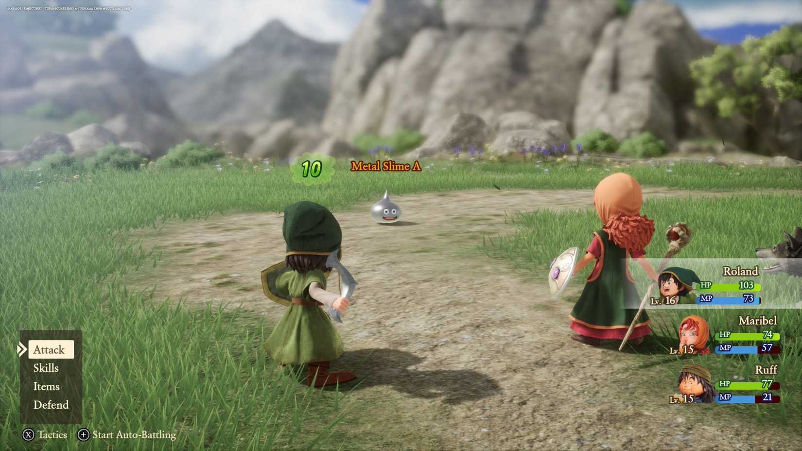 Dragon Quest 7 Reimagined screenshot showing the party members fighting a Metal Slime