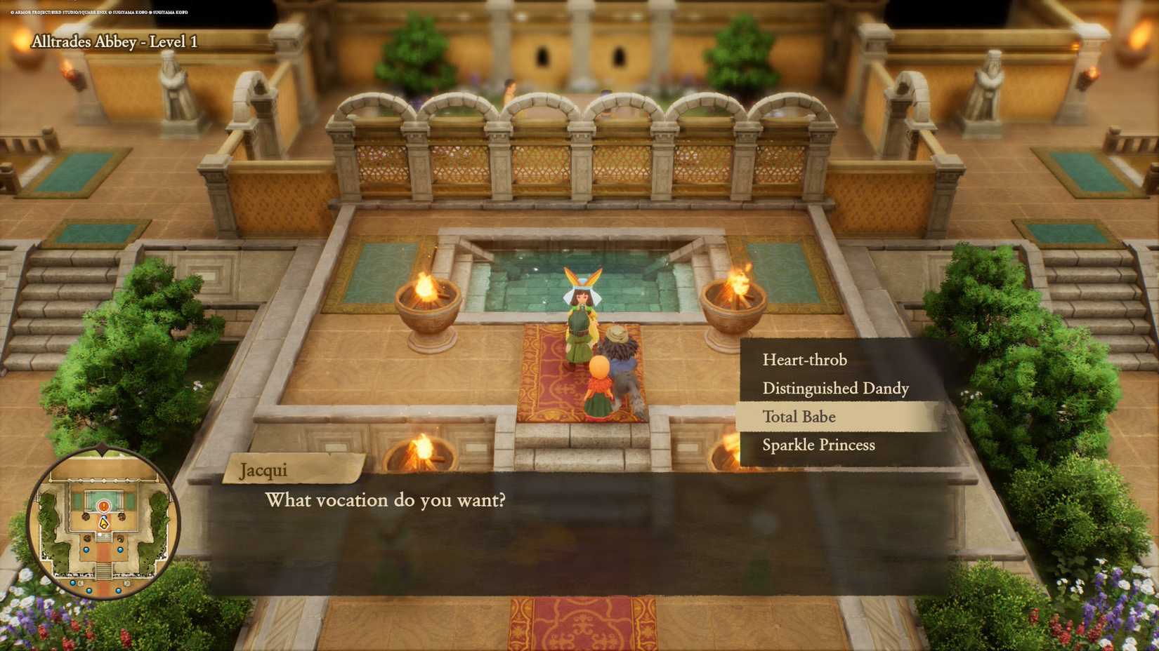 Dragon Quest 7 Reimagined screenshot showing Jacqui changing the character's vocation