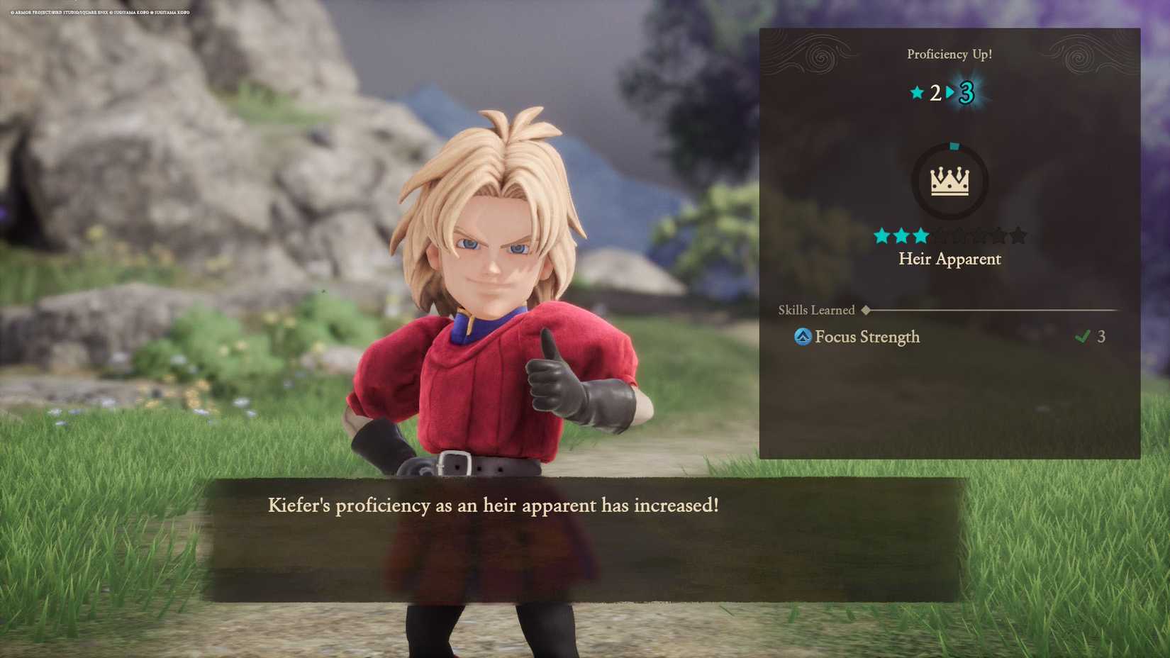 A Dragon Quest 7 Reimagined screenshot showing the post-battle screen where indicates a character has leveled up their vocation