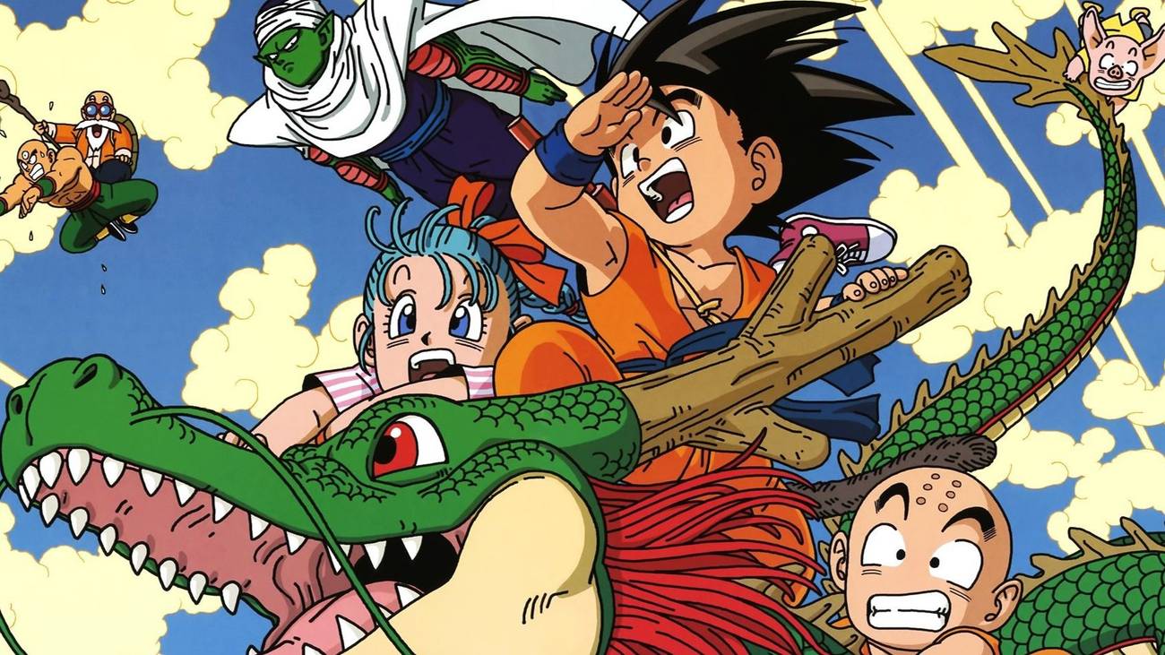 The Dragon Ball ensemble riding atop Shenron