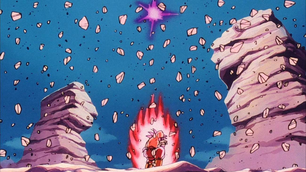 Goku and Vegeta about to fire beams at each other in Dragon Ball Z