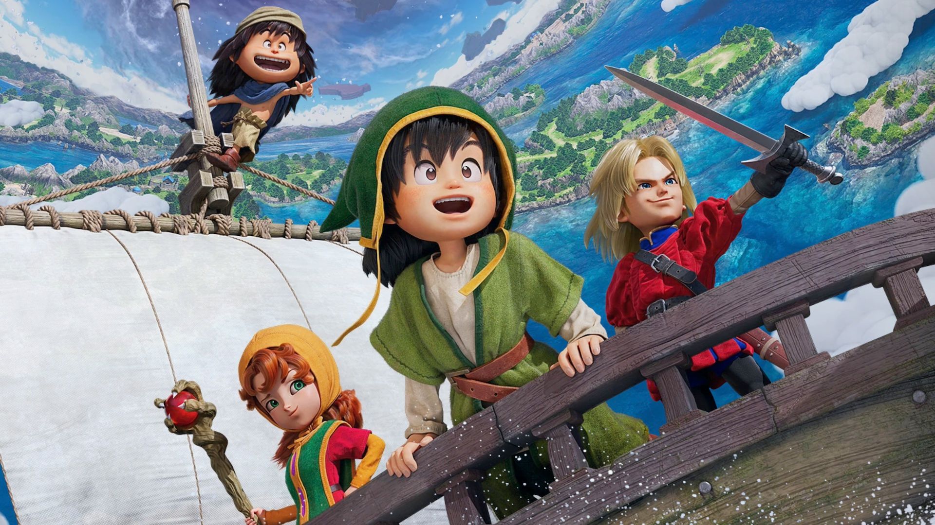 Dragon Quest 7 Reimagined artwork, featuring Ruff, Maribel, the Hero, and Kiefer aboard their ship