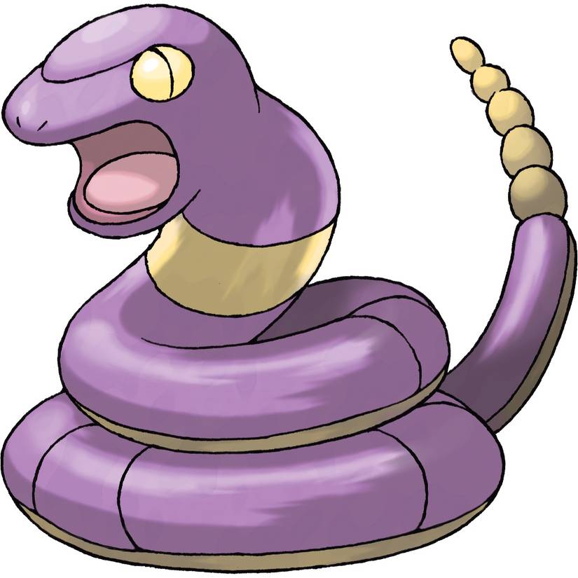 Ekans from Pokemon FireFred, a coiled purple snake with yellow eyes and a yellow rattle