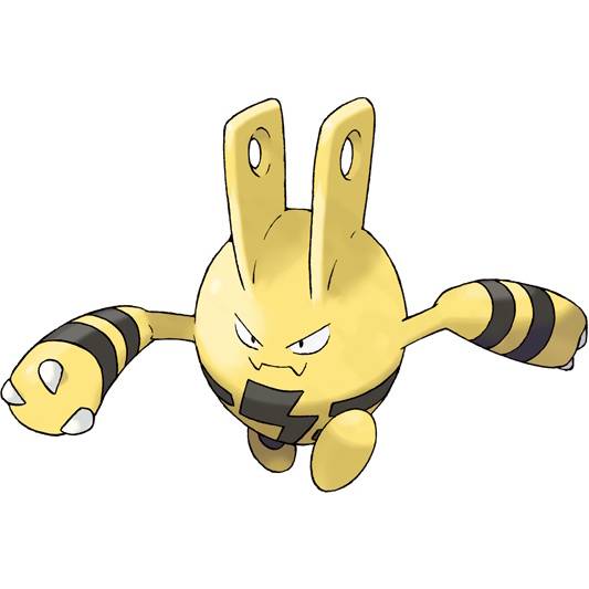 Elekid in Pokemon Firered, a small yellow bipedal creature with prongs for claws and plug-shaped horns on its head