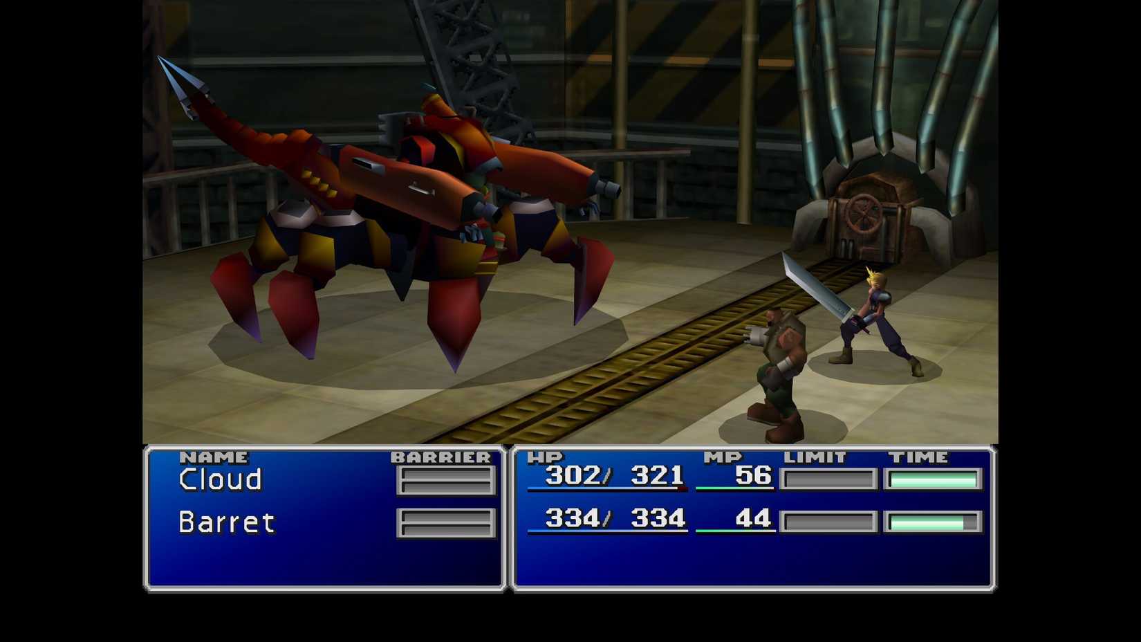 Final Fantasy 7 battle with Cloud and Barret facing a crab-like enermy