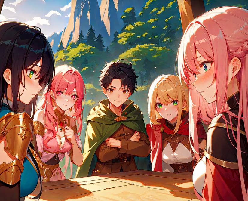 A male anime fantasy hero surrounded by four female companions