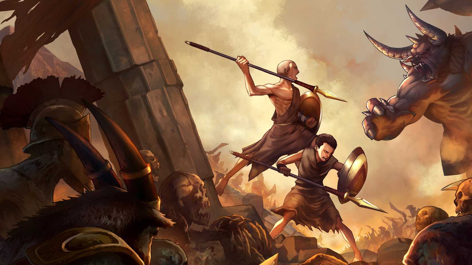 Two Greek warriors hold spears in God of War Sons of Sparta.