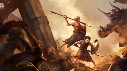 Dois guerreiros gregos seguram lanças em God of War Sons of Sparta.
