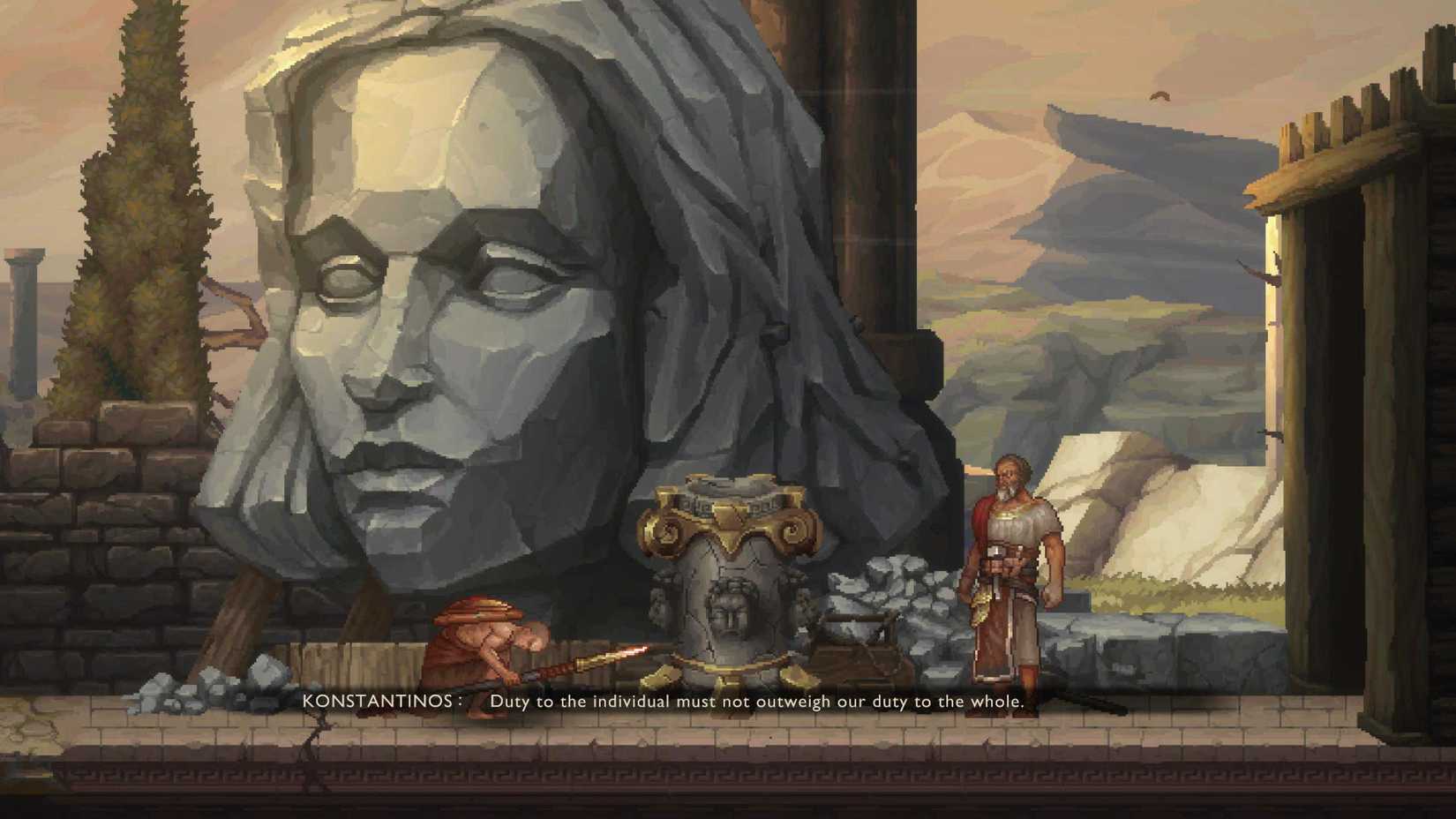 Konstantinos giving Kratos a lesson in front of a giant head sculpture in a screenshot from God of War Sons of Sparta