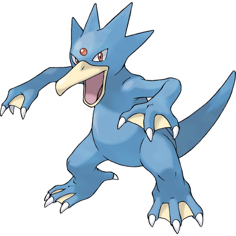 Golduck in Pokemon Firered, a large blue kappa-like "duck" with pointed claws, webbed feet, a large pointy yellow beak, and a red gem in the center of its forehead