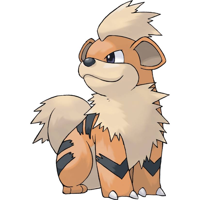 Growlithe in Pokemon Firered, a fluffy red dog with black stripes and a full cream-colored mane, fluffy cream-colored tail, and prominent cream-colored crest on top of its head
