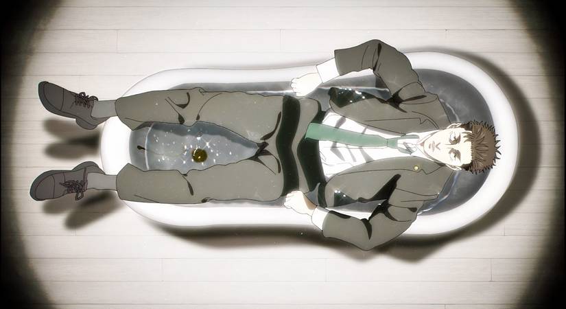 A man lies down in a bathtub with his clothes in Jujutsu Kaisen