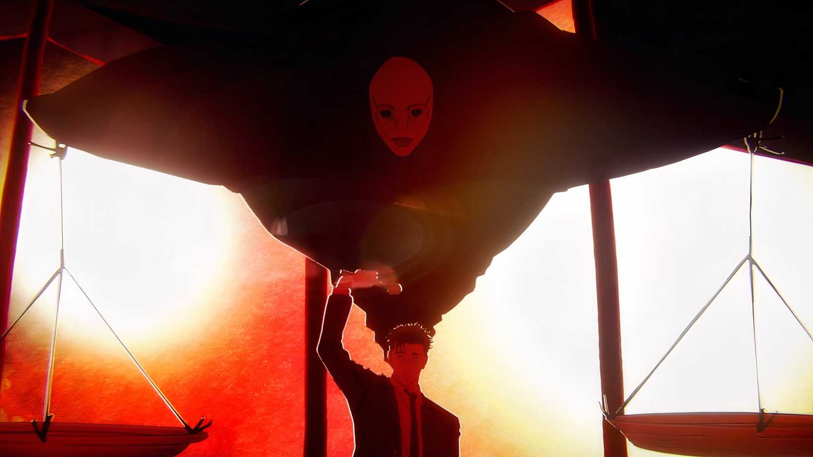 Dans Jujutsu Kaisen, un homme en costume lève son maillet tandis qu'un shikigami plane au-dessus de lui