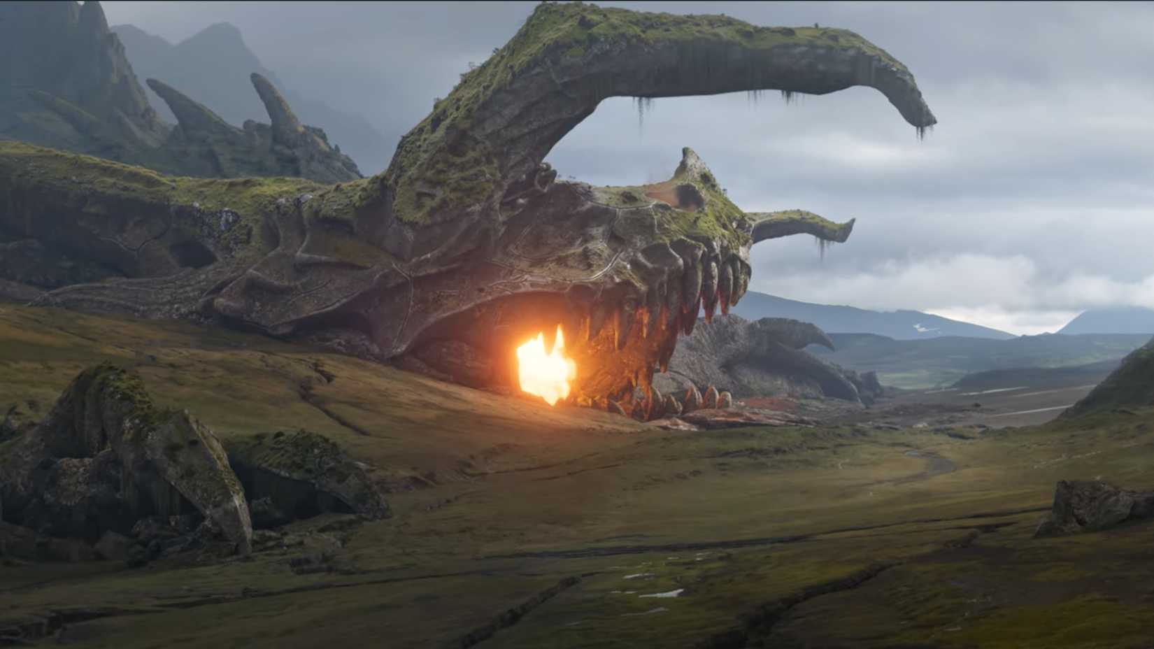 A buried dragon seemingly comes to life after Skydrift's awakening, exhaling fire.