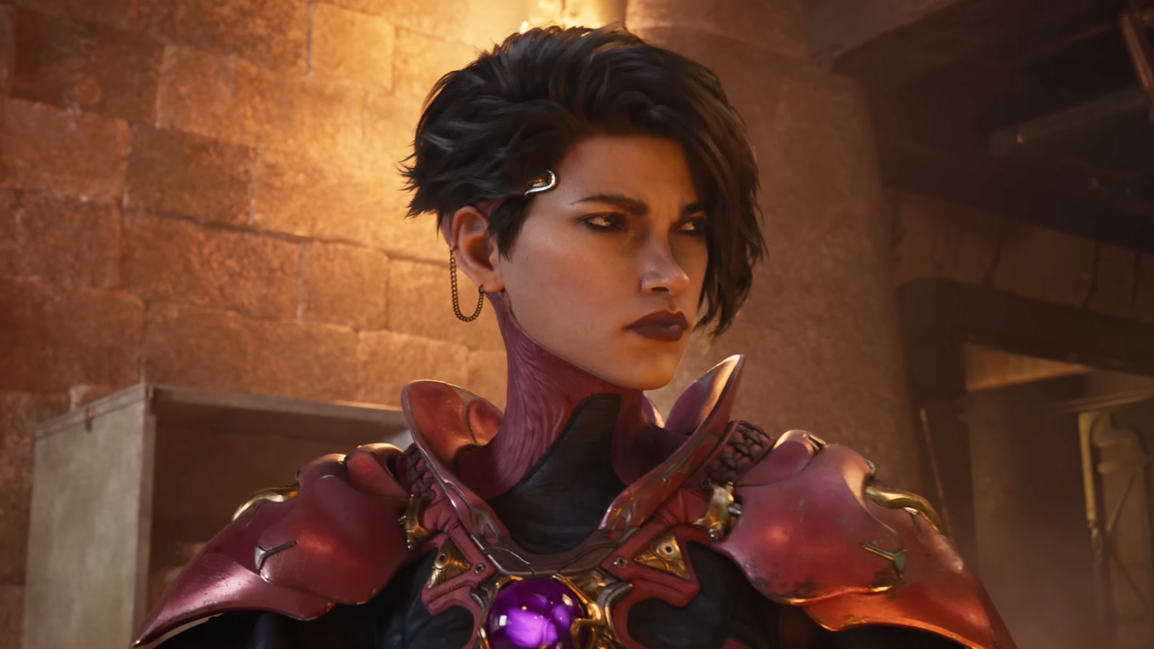 Mara, a female Warden with short brown hair and a red leather outfit with a turtleneck-style collar, glares into the distance.