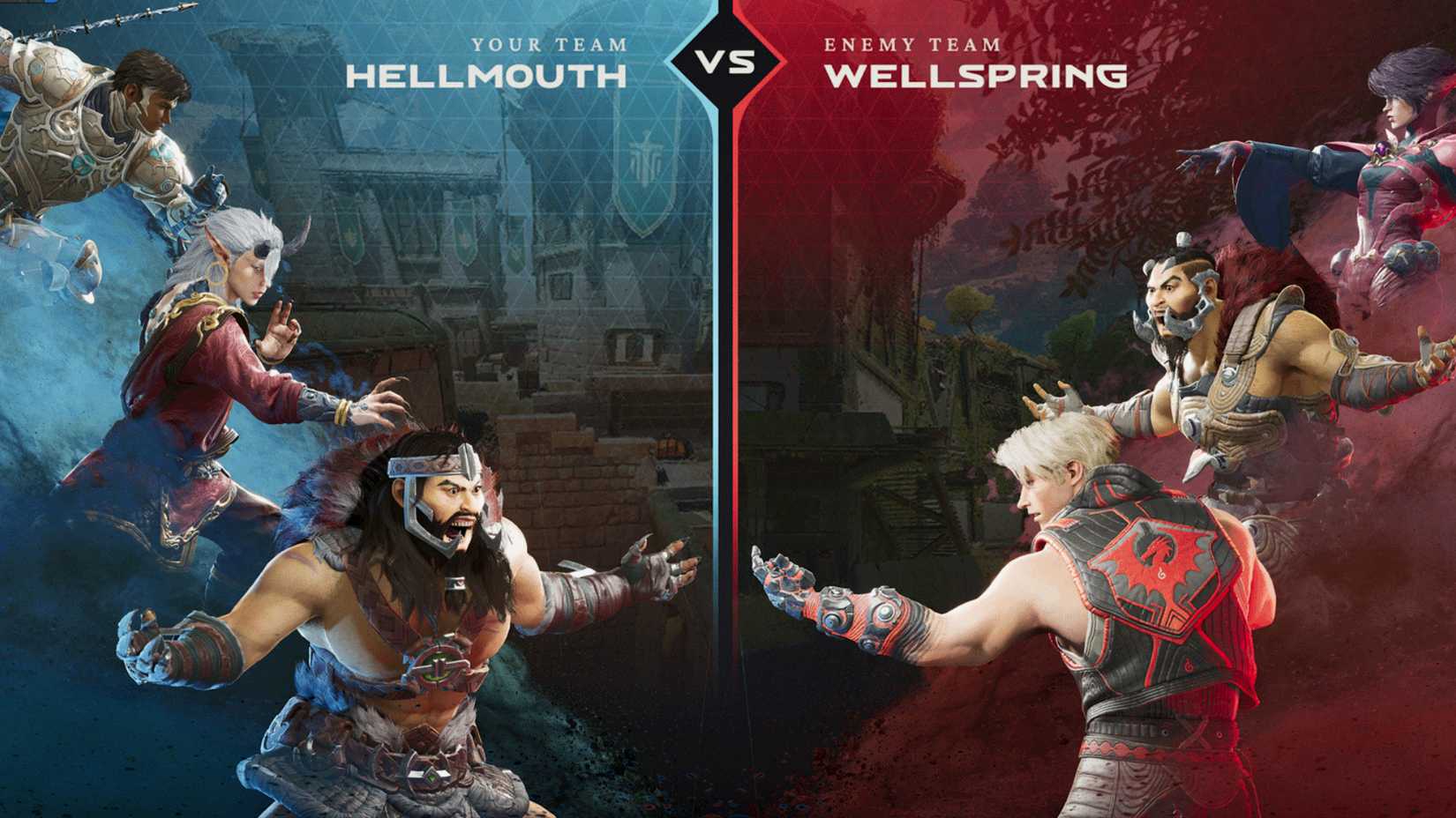 Highguard's ranked mode, showing two teams of three Wardens preparing to face off in the Hellmouth and Wellspring raid maps.