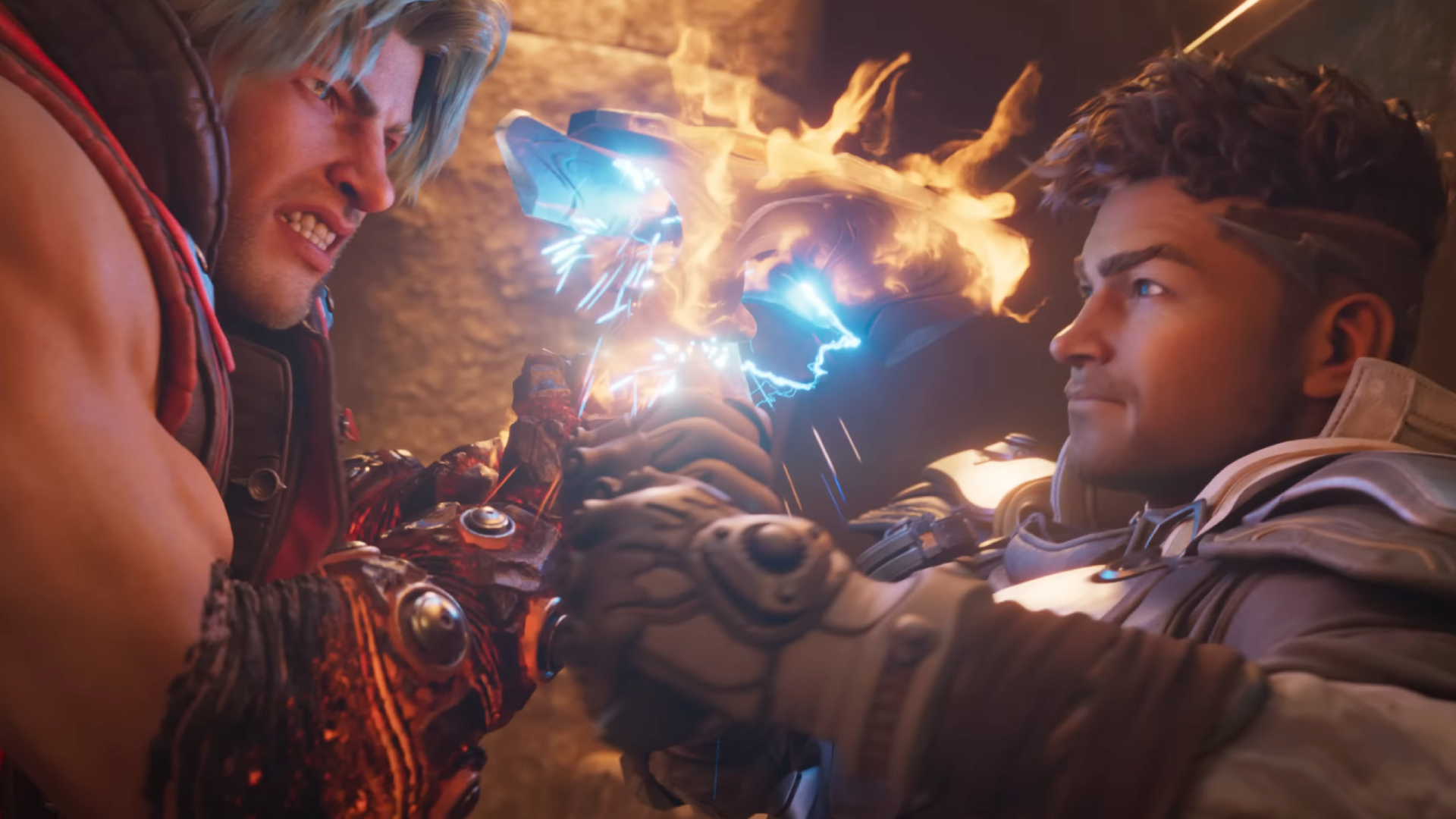 Two of Highguard's playable Wardens clash in battle. On the left is Slade, a blonde male Warden with fire abilities. On the right is Atticus, a male Warden with curly dark hair who wields lightning. who