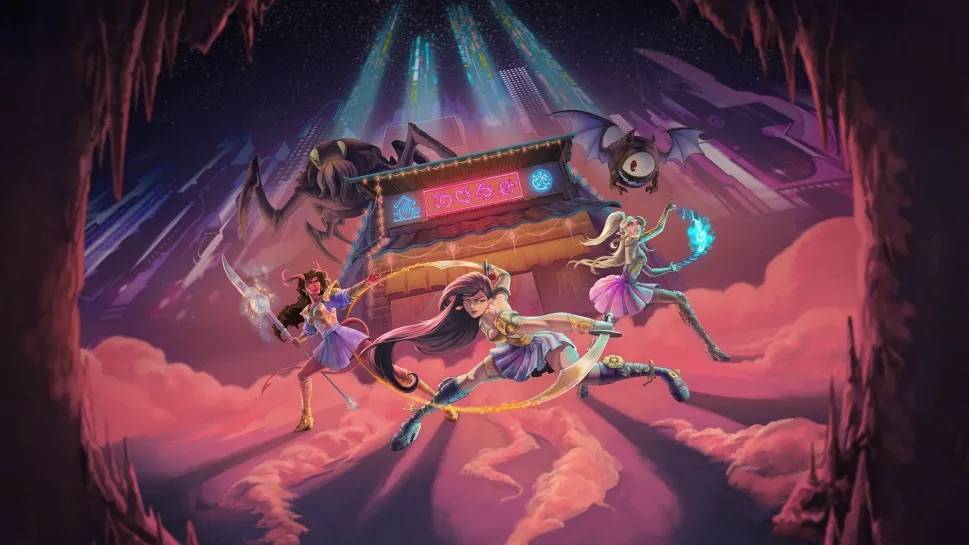 A trio of D&D characters stand in formation while a pair of monsters approach from behind.