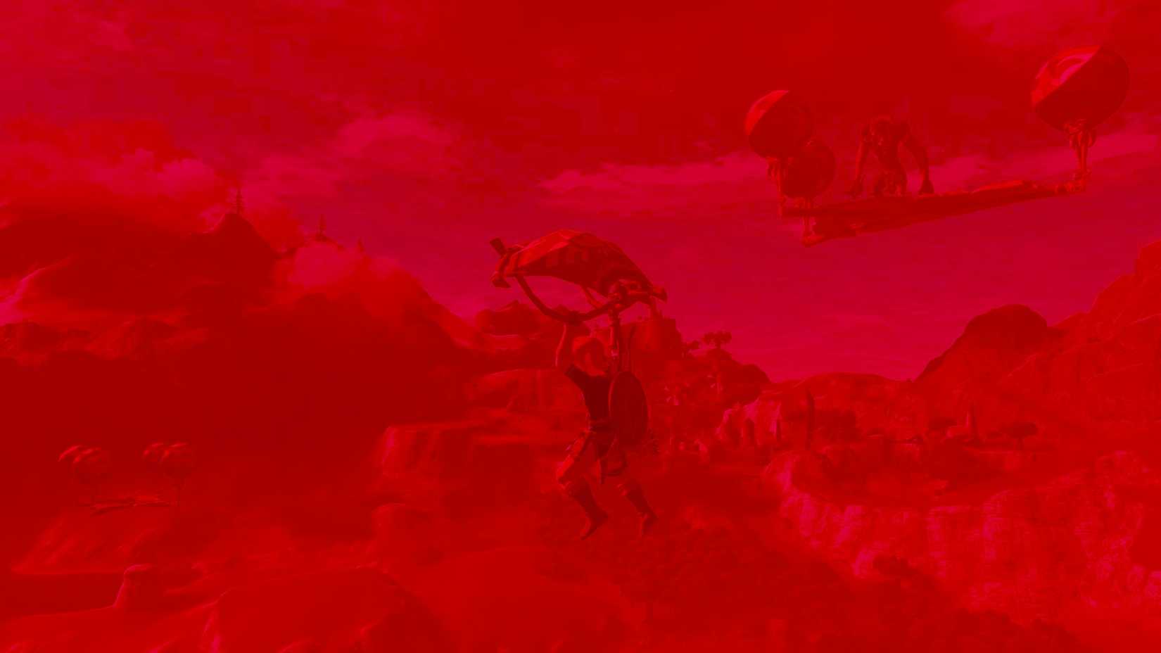 A screenshot depicting Link gliding through the sky in Breath of the Wild, only everything in the environment is bright red
