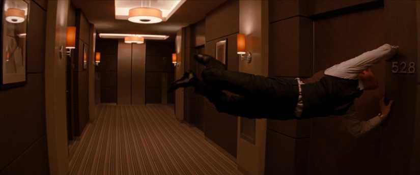 Arthur fighting in the zero-gravity hotel hallway