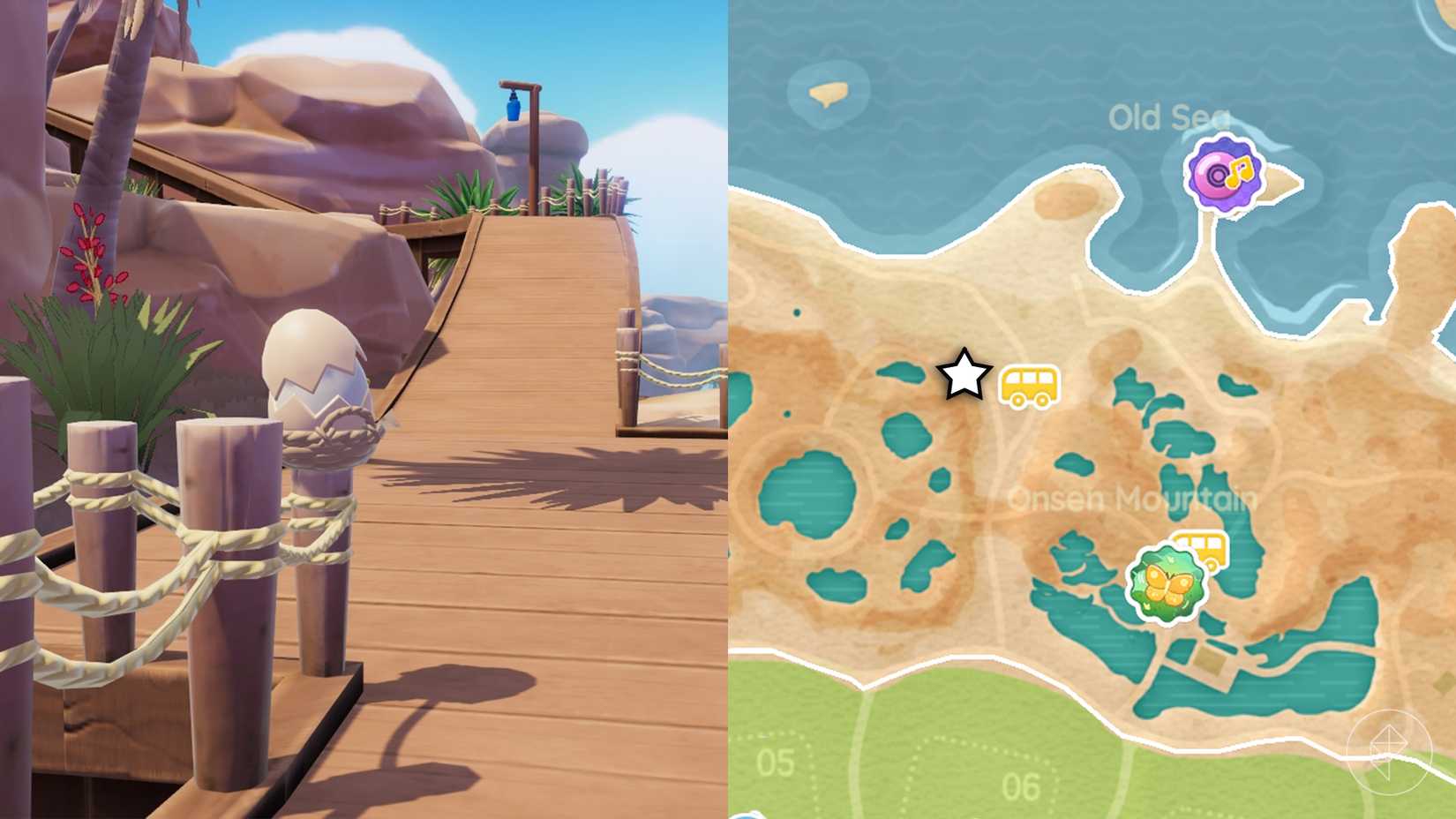 A cracked egg on a wooden pole in Heartopia