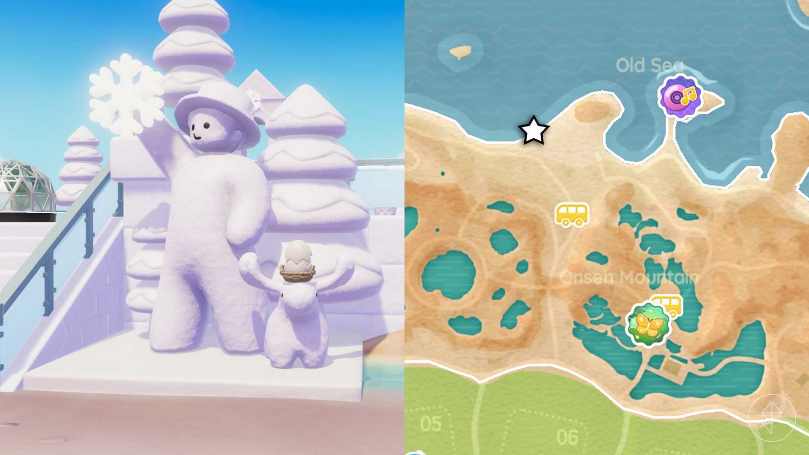 A cracked white egg on the head of a snow moose in Heartopia