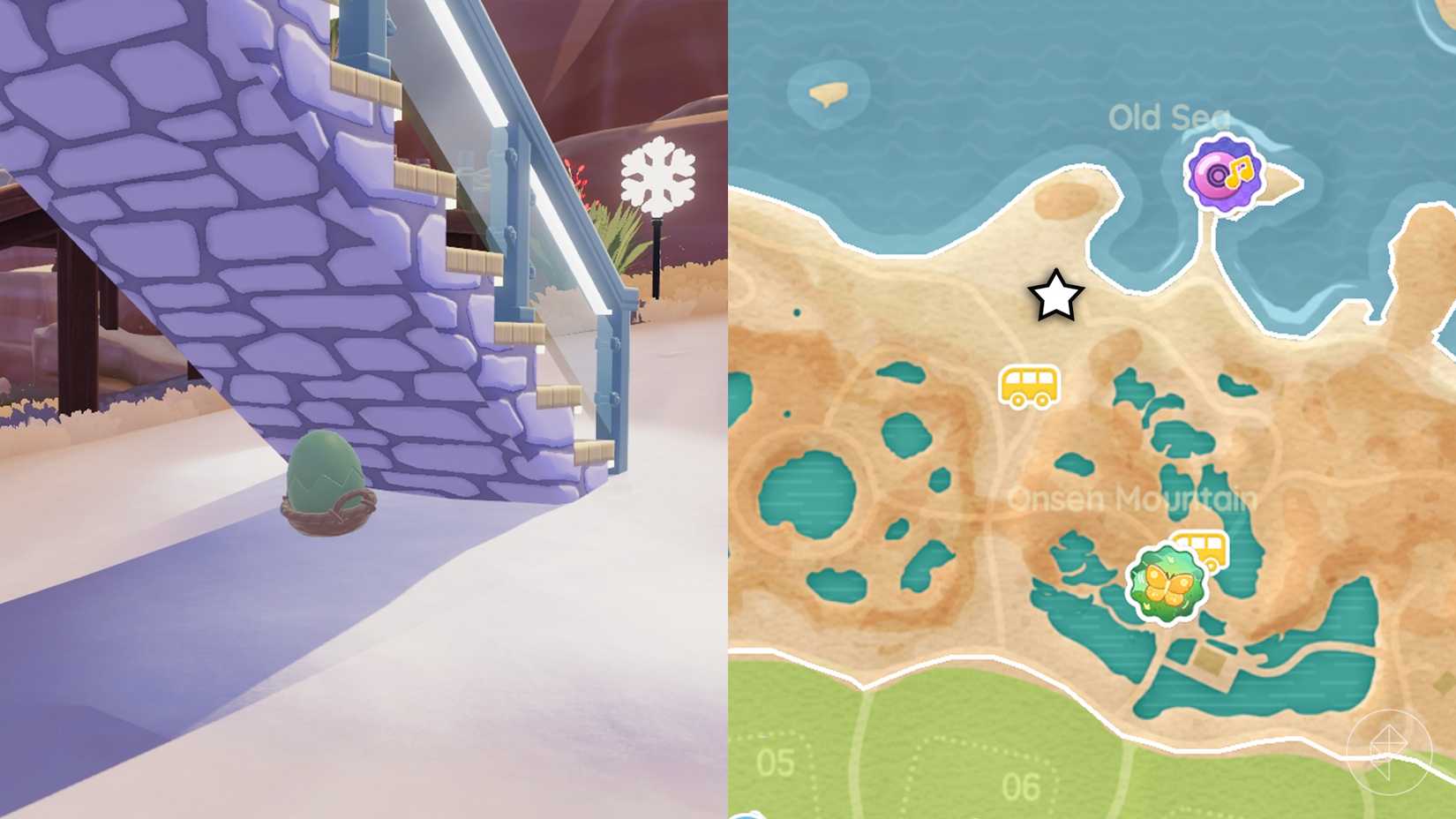 A mint green egg under some stairs in Heartopia