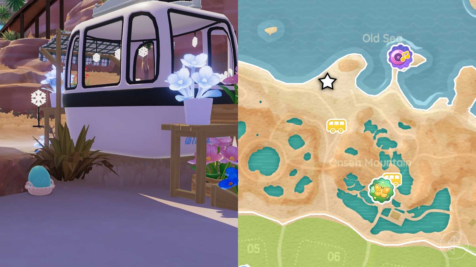 A cyan egg placed in a basket behind the gondola that was repurposed as a flower stand in Heartopia.