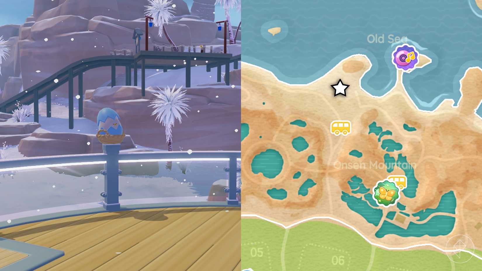 A cracked blue egg is placed on the railing of the snow structure in Heartopia.